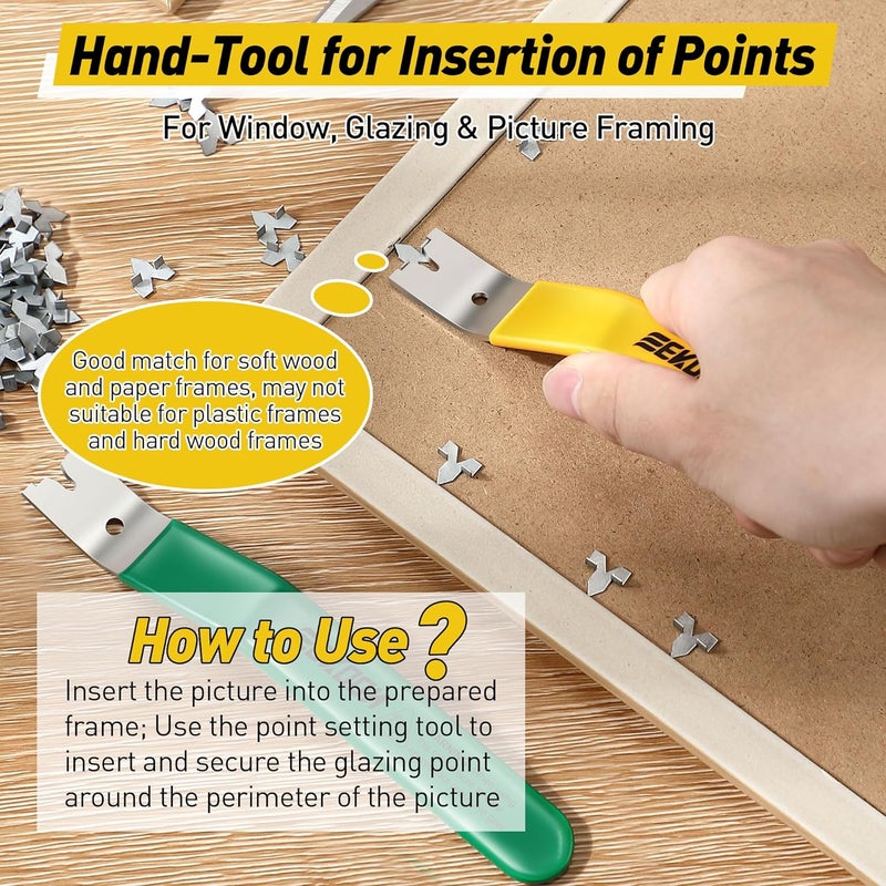 Feekoon Glazier Point Driver, Glazier Setting Tool with 100 Push Points, Glazing Push Point Driver Tool for Framing Glass Picture Cross Stitch(Yellow) - Image 2